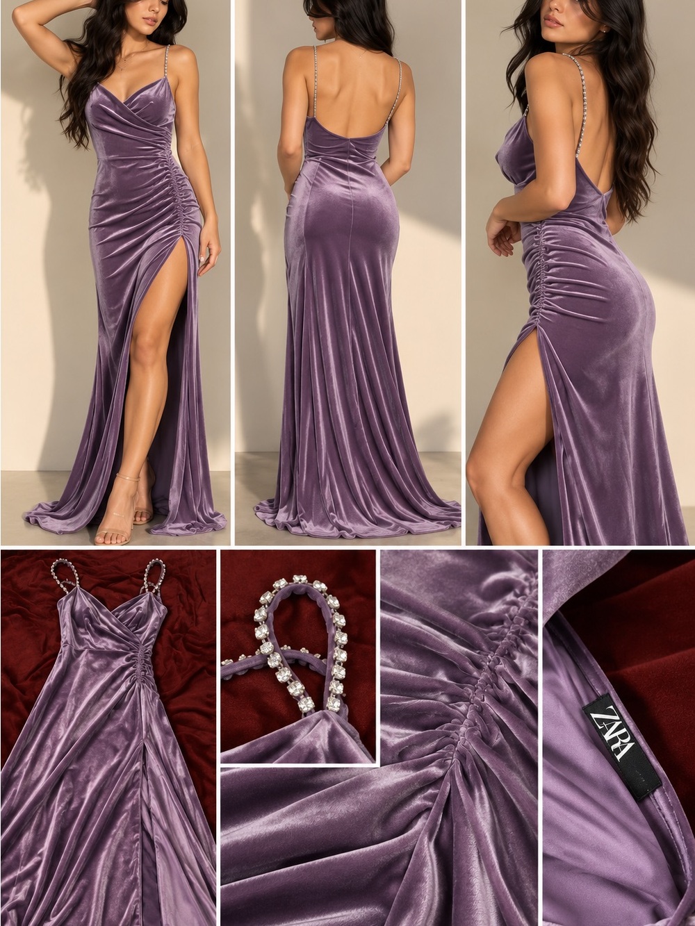 ZARA Lavender Velvet Ruched Slip Gown with Crystal Straps